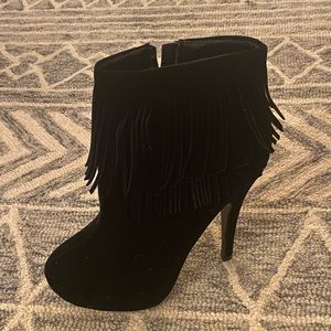 New, black suede tassel booties, Sz 7 1/2